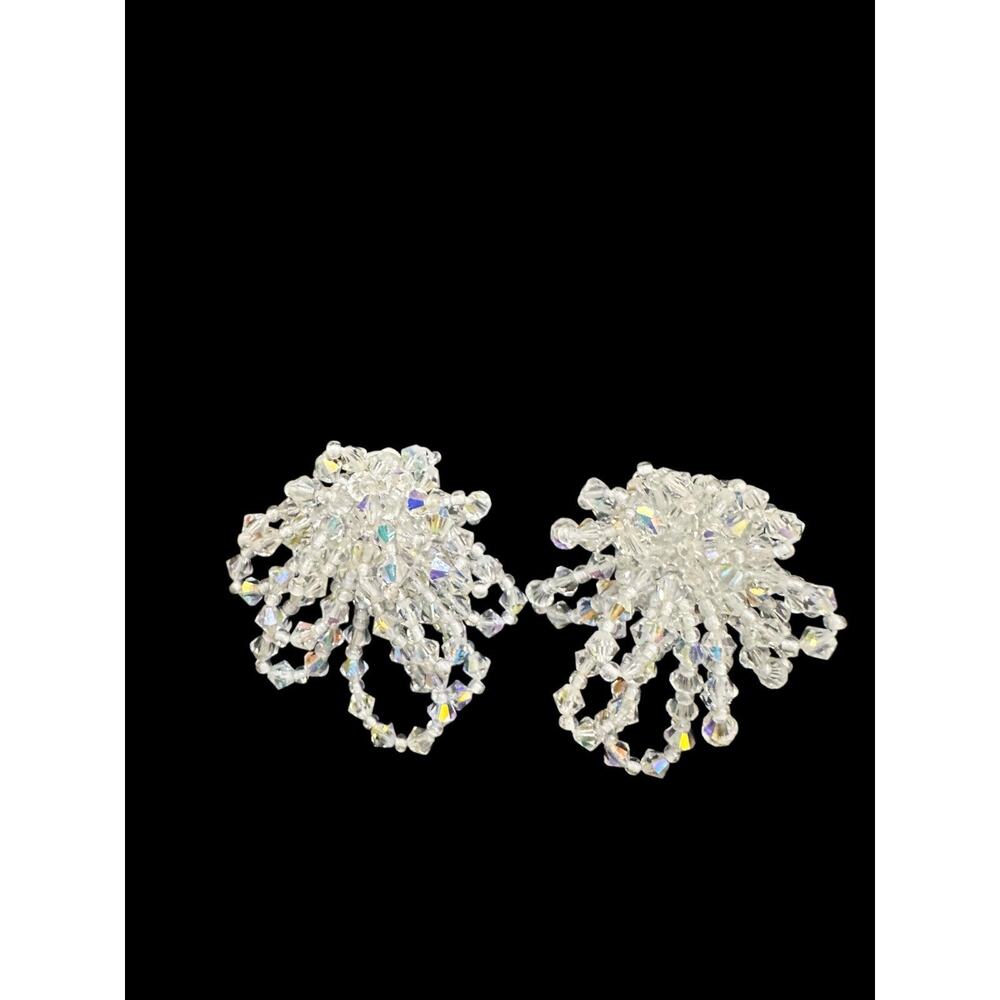 Vintage Aurora Borealis Crystal Bead Dangle Clip Earrings Silver Tone Jewelry